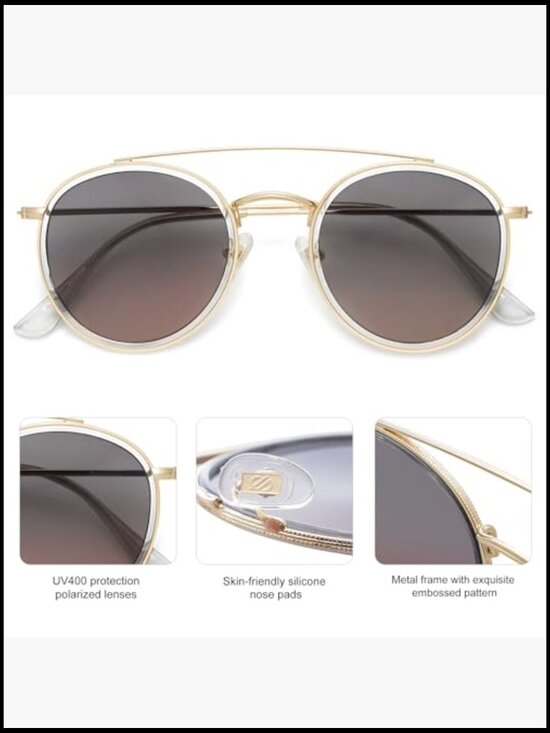 Retro Round Polarized Sunglasses with Double Bridge, Metal Frame main image 4